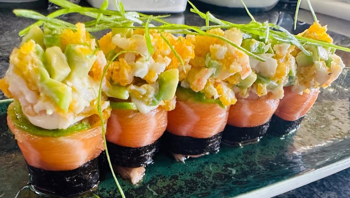 Salmon roses topped with prawn, avocado and crisp tempura crumb