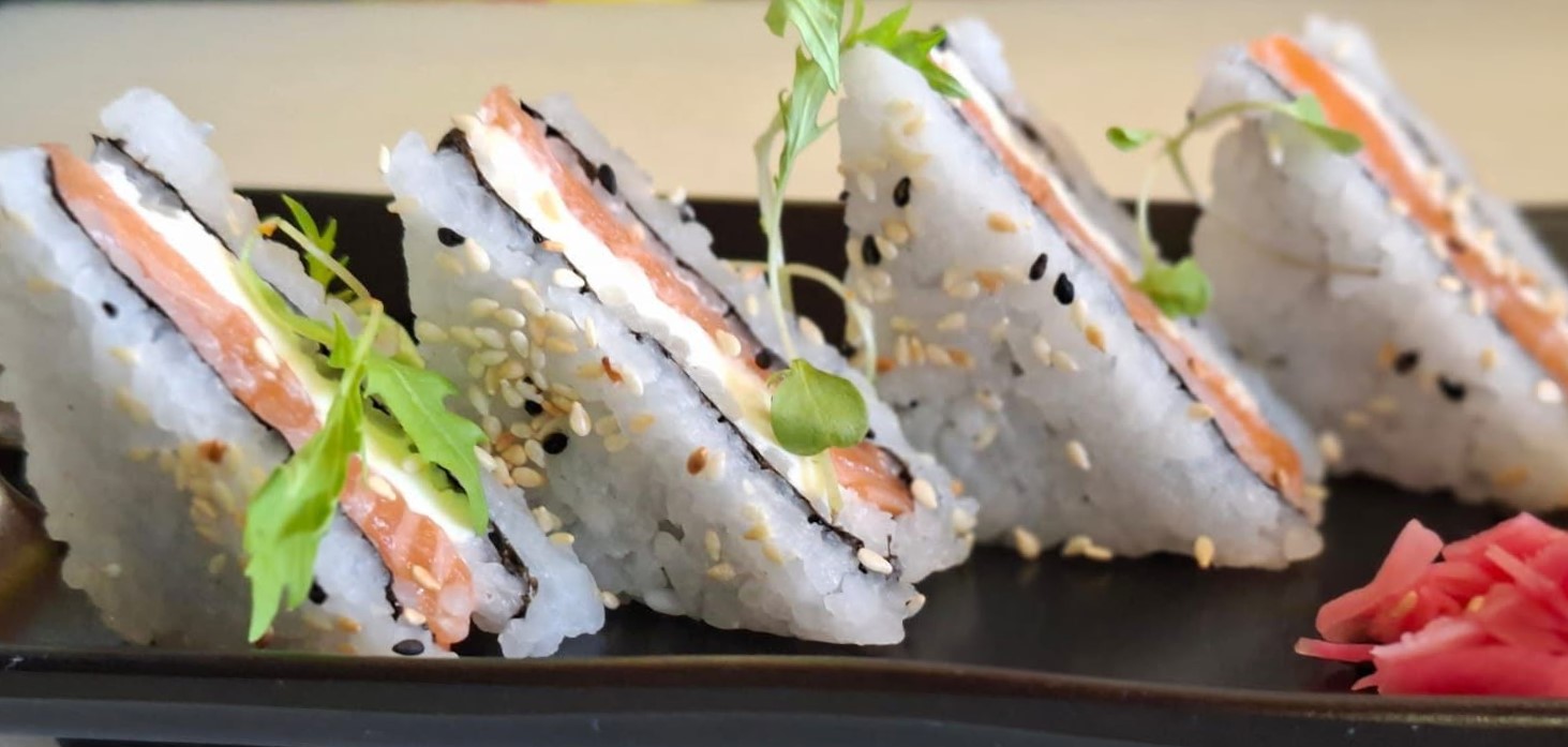 Salmon and cream cheese fashion sandwiches with sesame