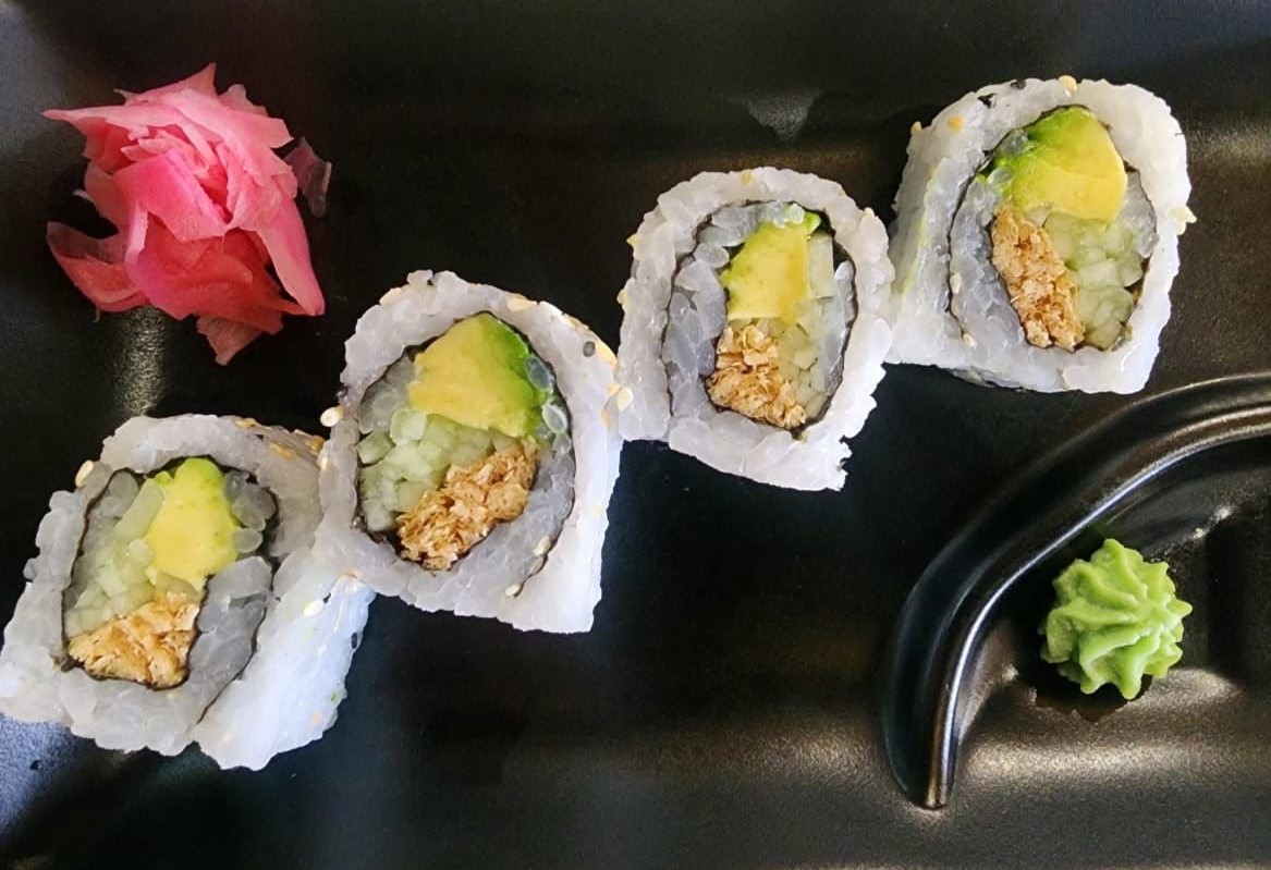 Vegetarian rolls with avocado, cucumber and crisp topping